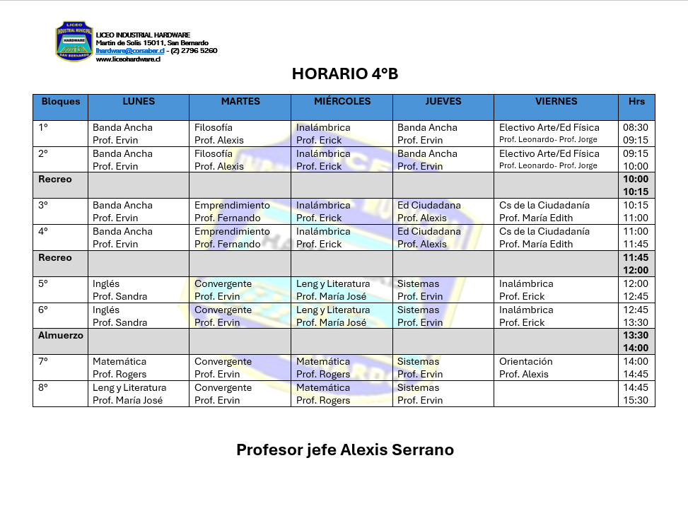 Horario del curso 4°B
